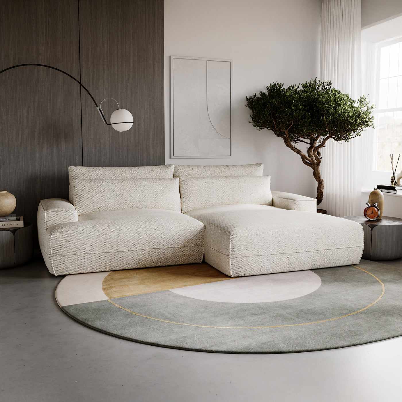 NOEMIA Canapé d'angle convertible avec coffre en tissu beige - Angle droit