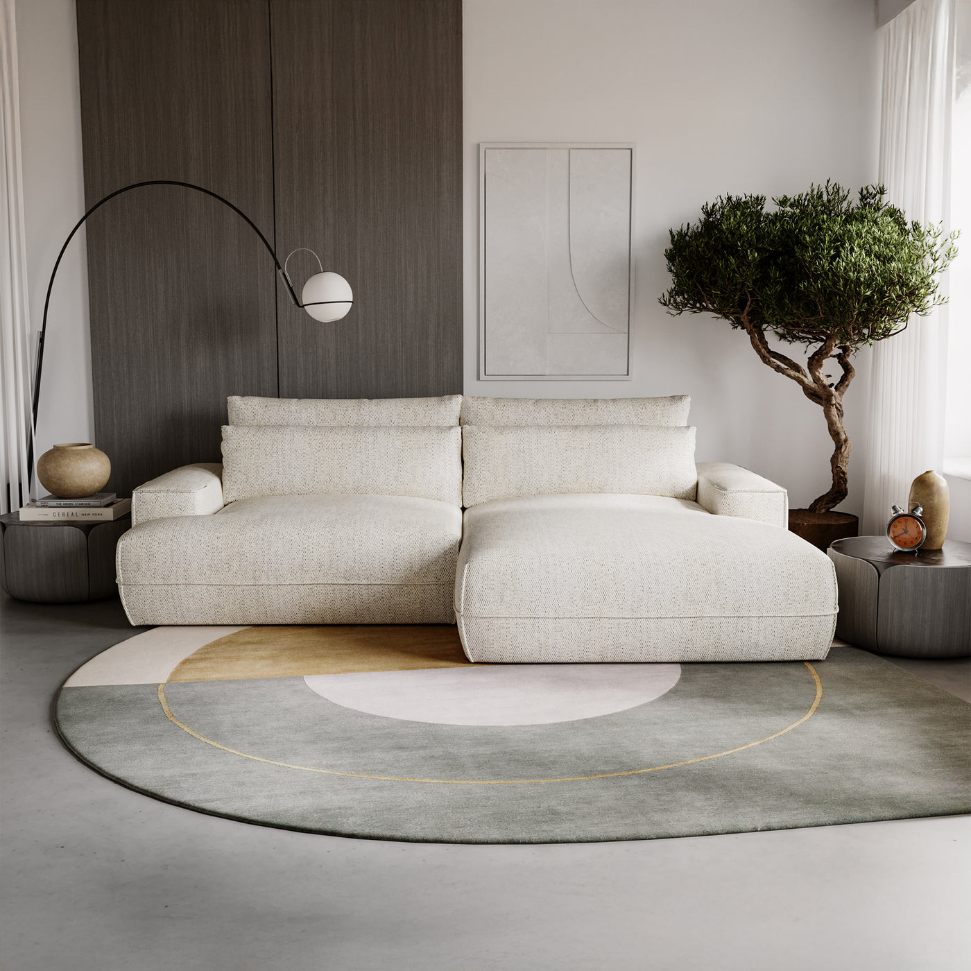 NOEMIA Canapé d'angle convertible avec coffre en tissu beige - Angle droit