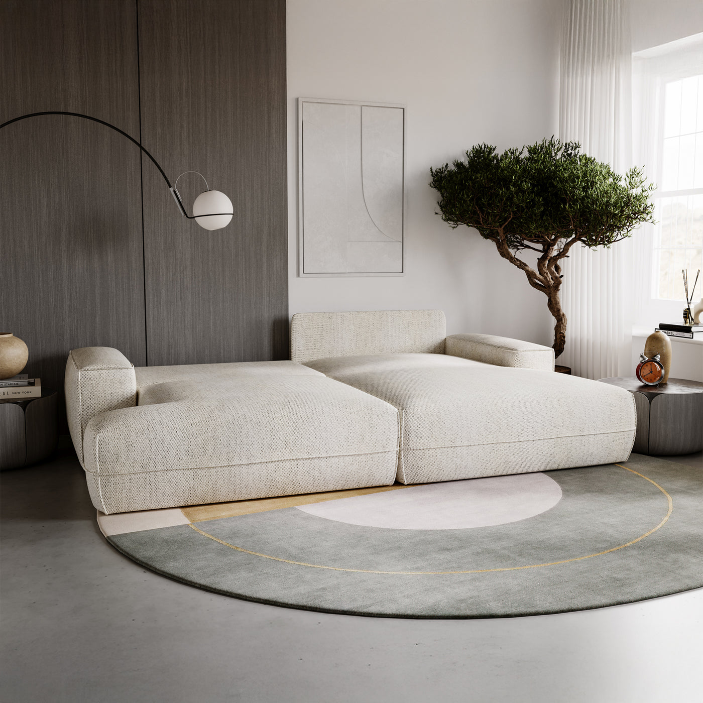 NOEMIA Canapé d'angle convertible avec coffre en tissu beige - Angle droit