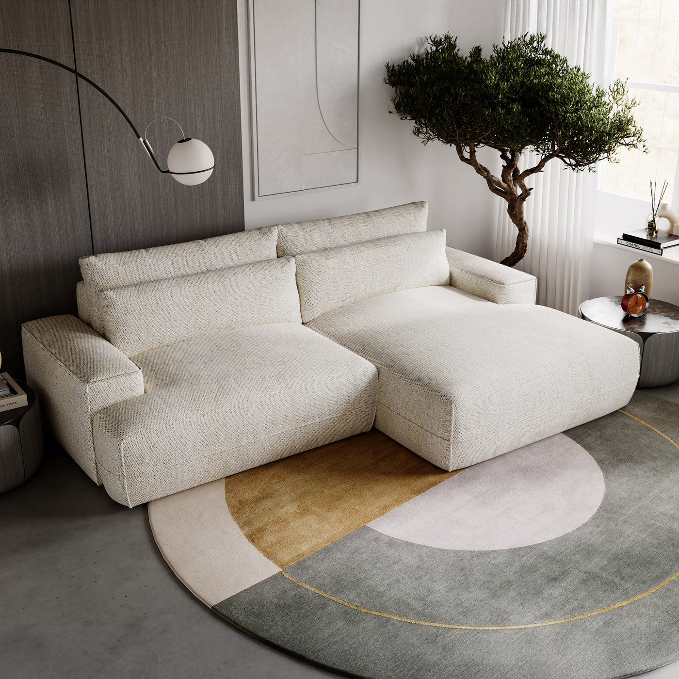 NOEMIA Canapé d'angle convertible avec coffre en tissu beige - Angle droit