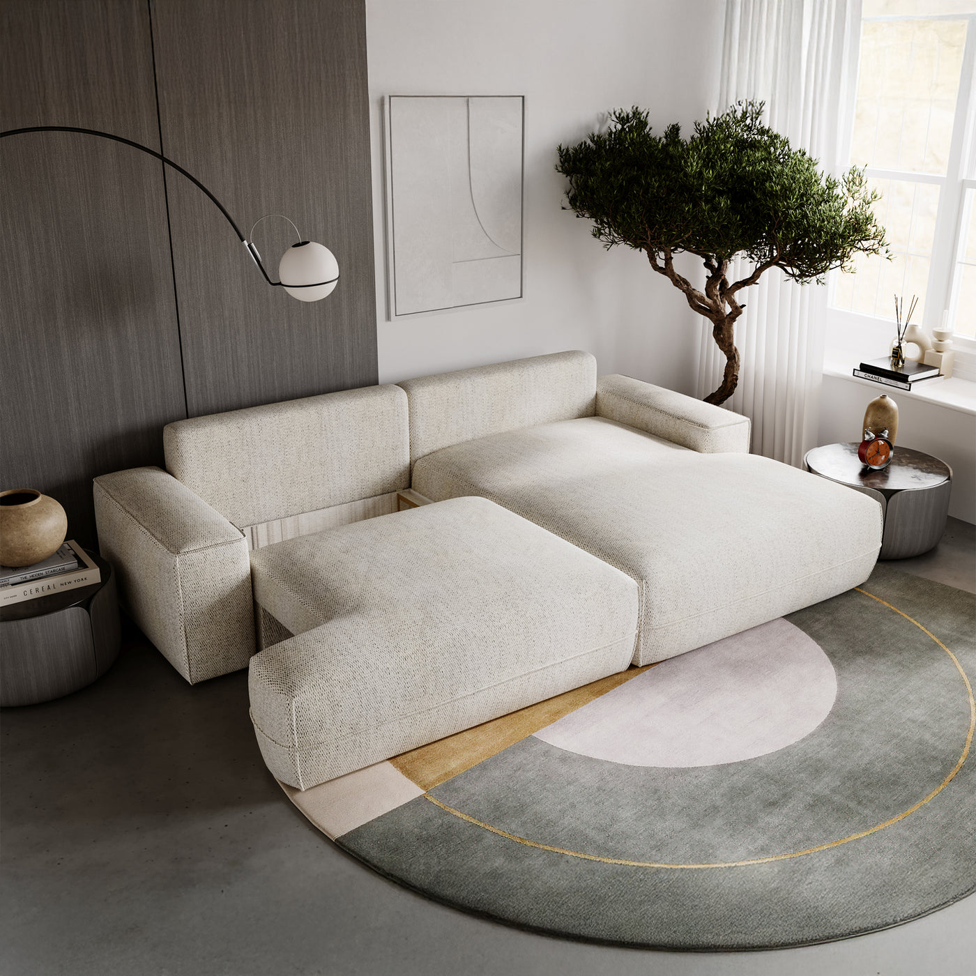 NOEMIA Canapé d'angle convertible avec coffre en tissu beige - Angle droit