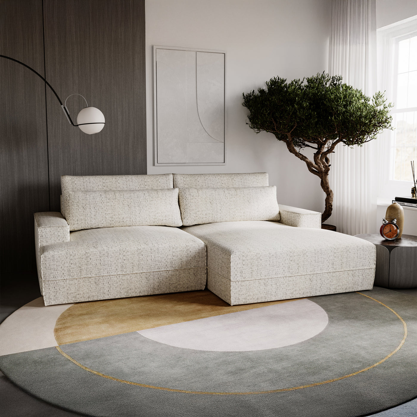 NOEMIA Canapé d'angle convertible avec coffre en tissu beige - Angle droit