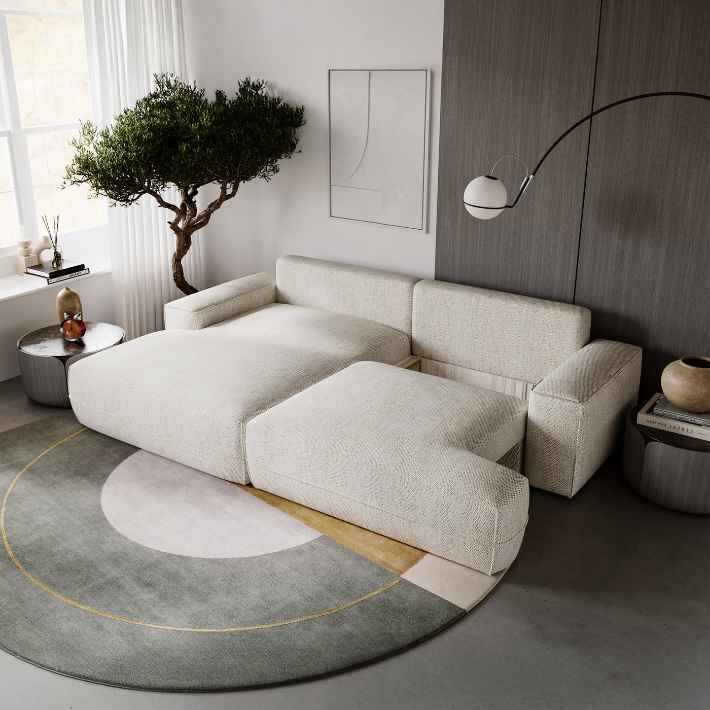 NOEMIA Canapé d'angle convertible avec coffre en tissu beige - Angle gauche