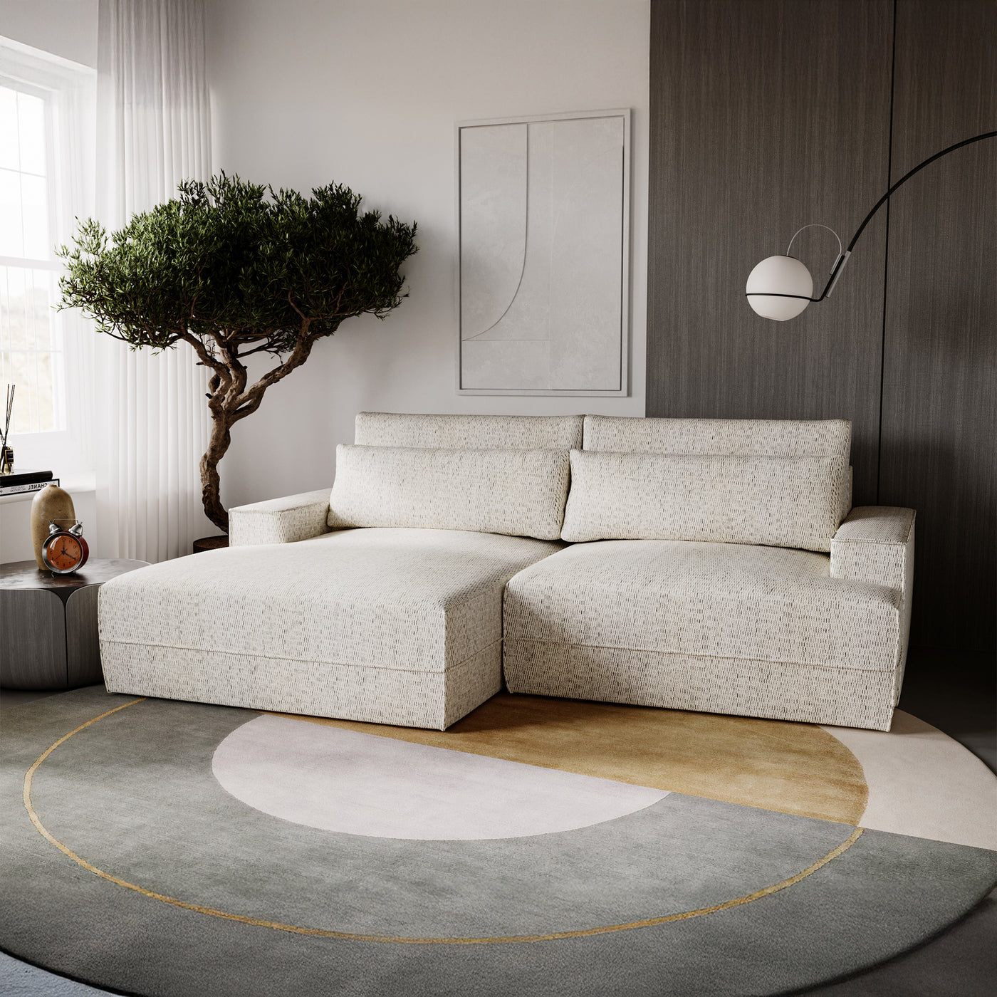 NOEMIA Canapé d'angle convertible avec coffre en tissu beige - Angle gauche