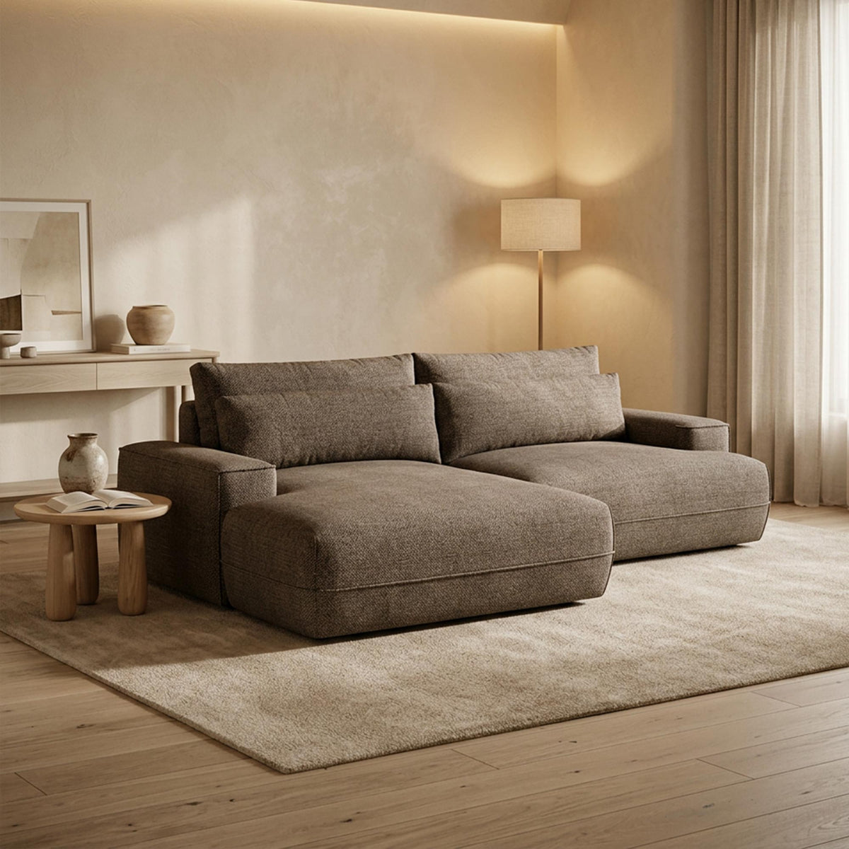 NOEMIA Canapé d'angle convertible avec coffre en tissu taupe - Angle gauche - Canapé d'angle convertible - Mobilier Deco