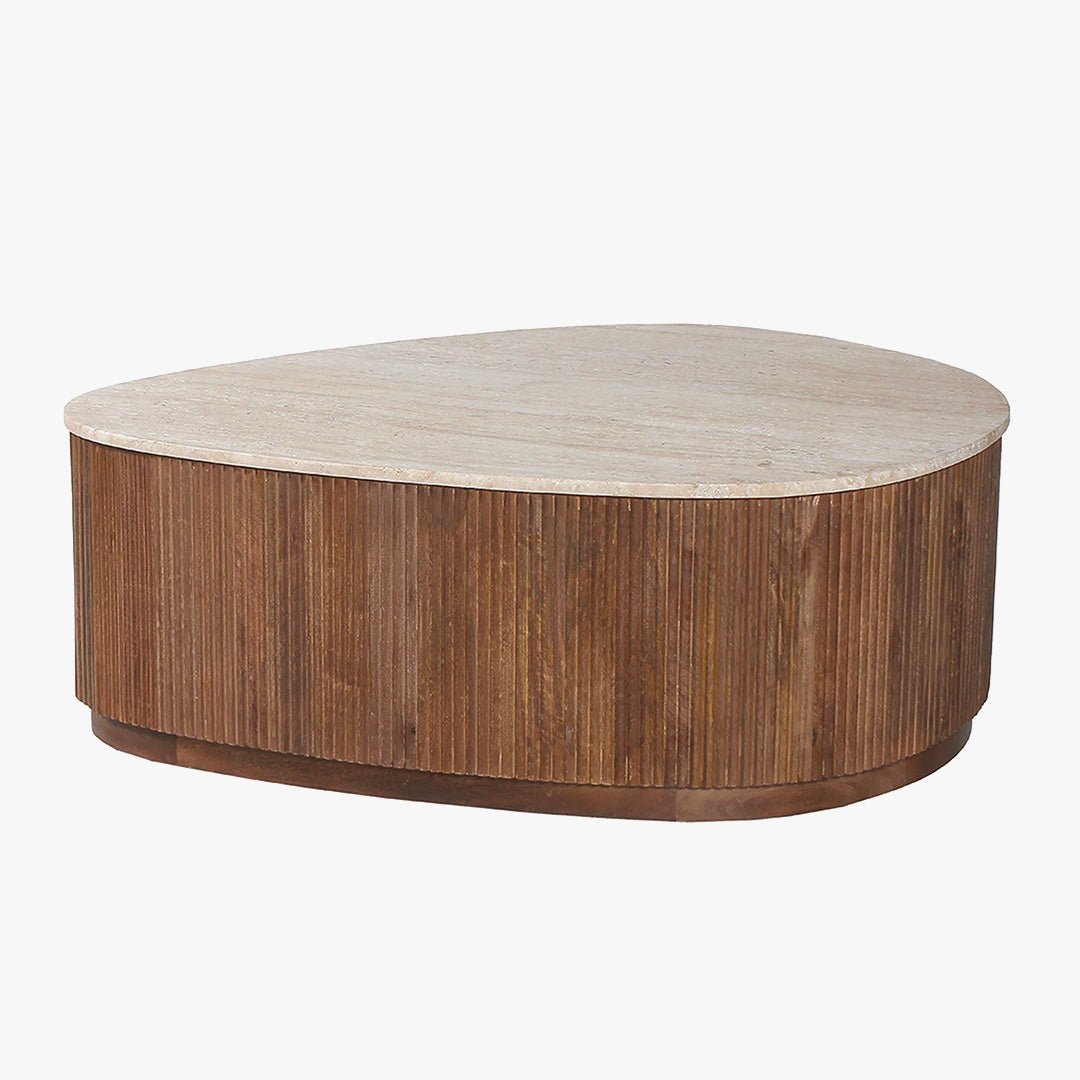 NOLAN Table basse en travertin et bois de manguier 100 cm - Table basse - Mobilier Deco