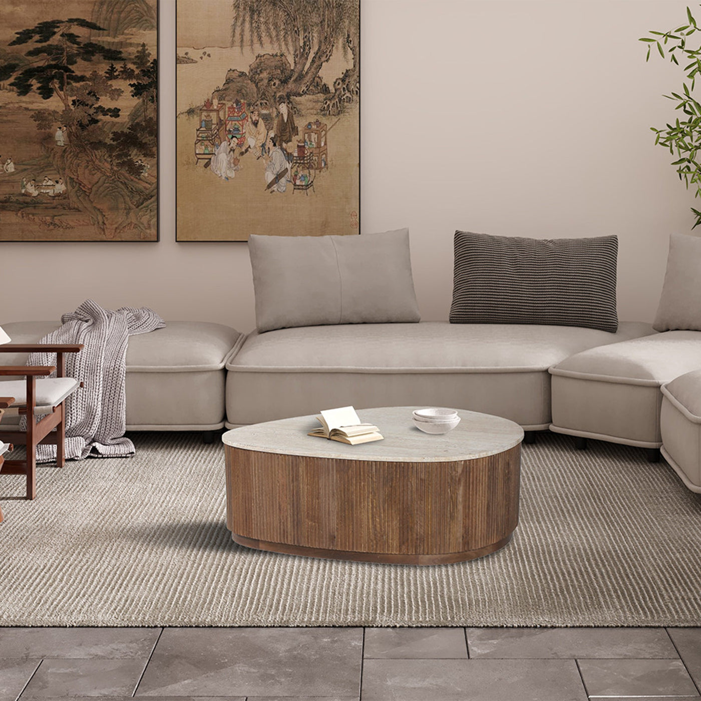NOLAN Table basse en travertin et bois de manguier 100 cm - Table basse - Mobilier Deco