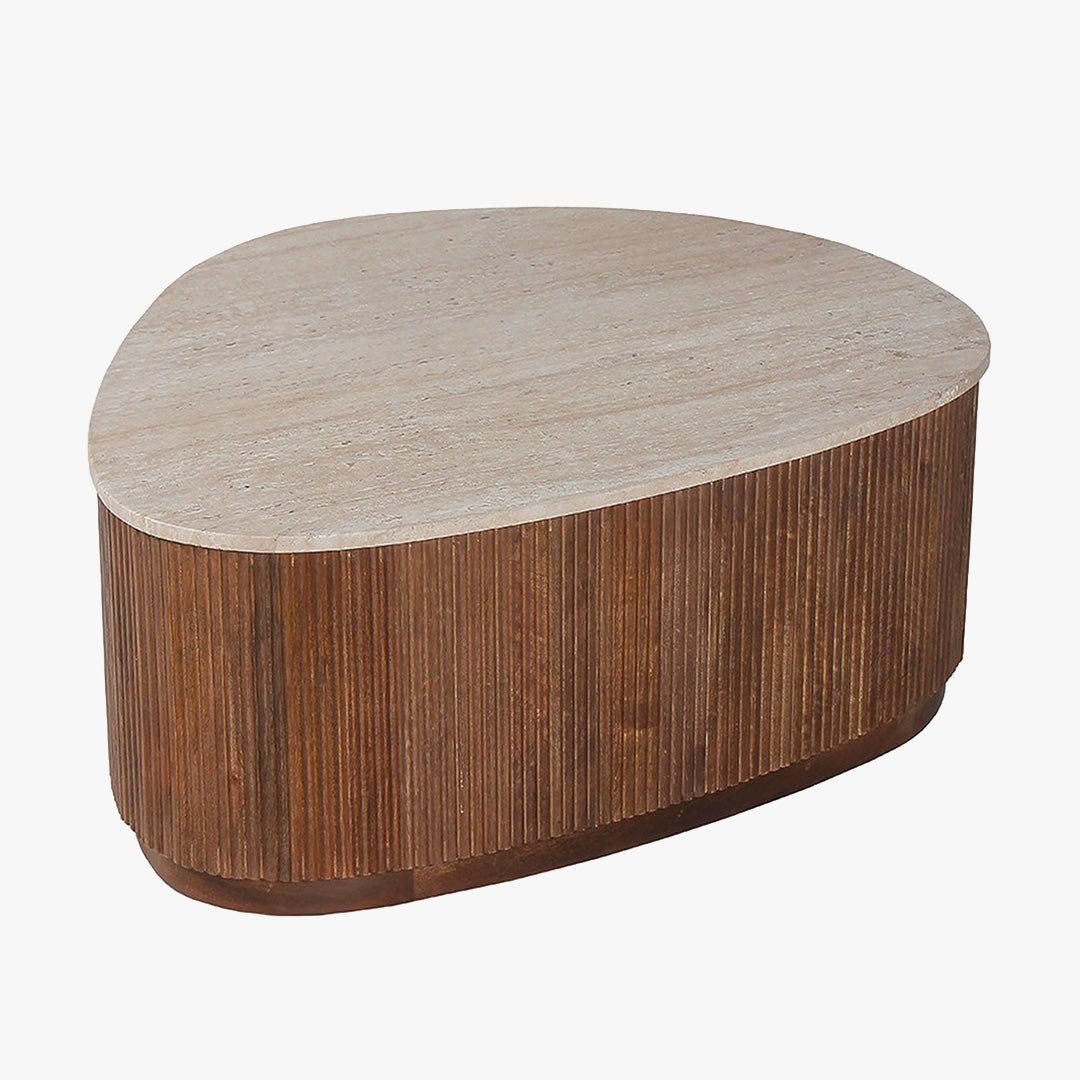 NOLAN Table basse en travertin et bois de manguier 100 cm - Table basse - Mobilier Deco