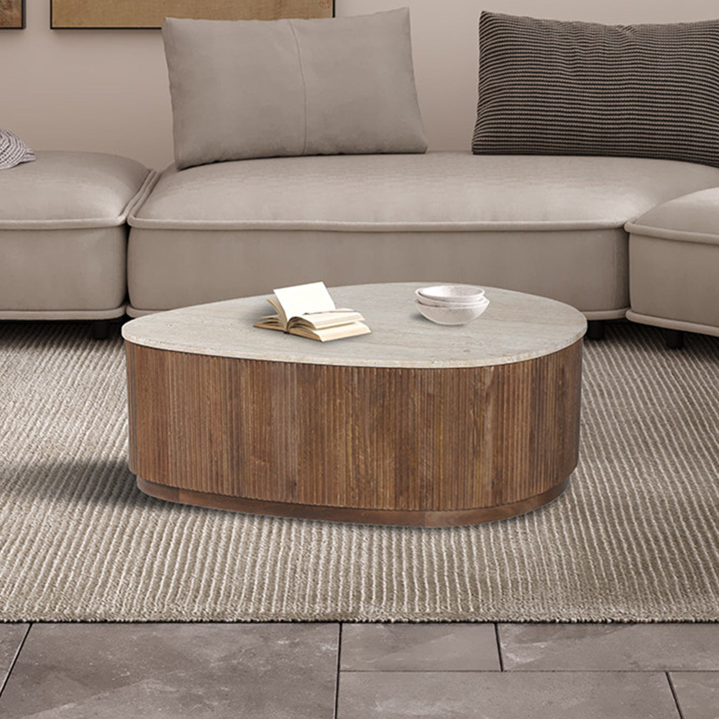 NOLAN Table basse en travertin et bois de manguier 100 cm - Table basse - Mobilier Deco
