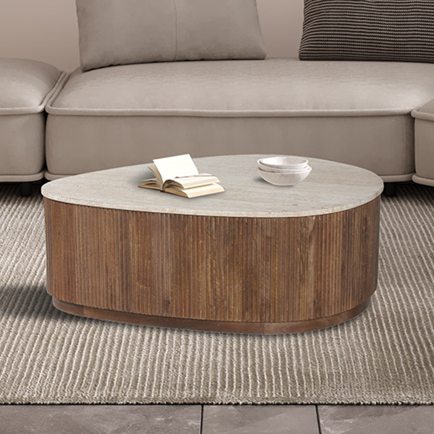 NOLAN Table basse en travertin et bois de manguier 100 cm