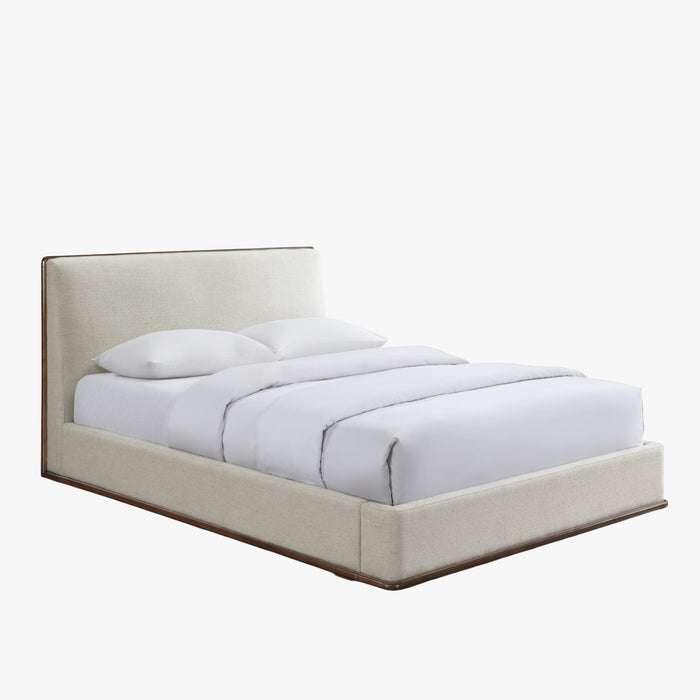 NORIA Lit double en tissu beige et bois foncé 140x190 cm