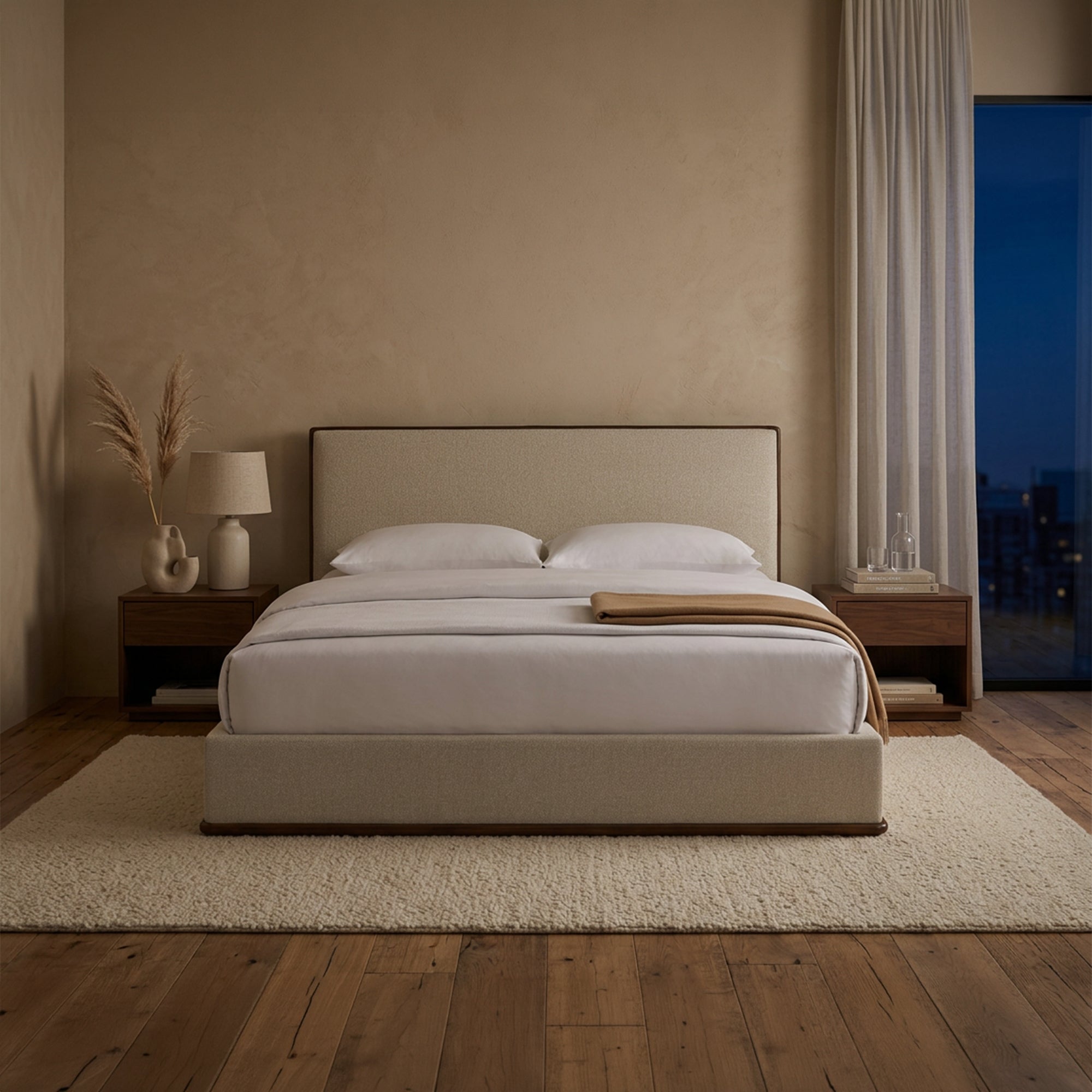 NORIA Lit double en tissu beige et bois foncé 140x190 cm - Lits - Mobilier Deco
