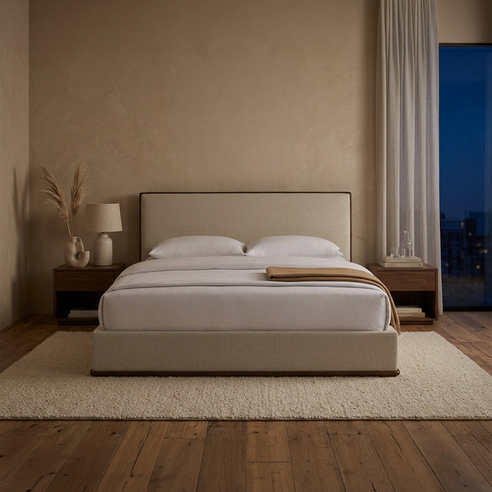NORIA Lit double en tissu beige et bois foncé 140x190 cm