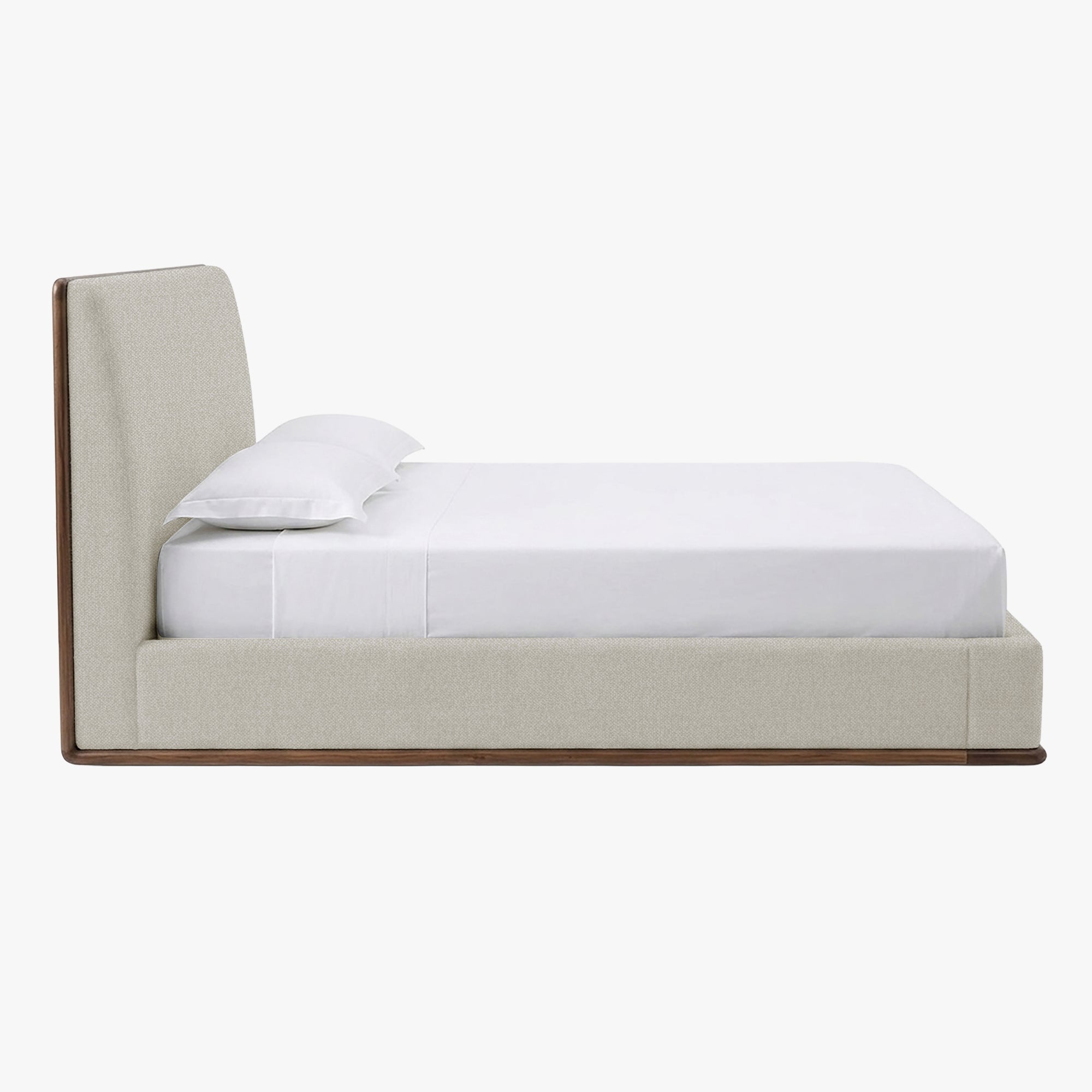 NORIA Lit double en tissu beige et bois foncé 140x190 cm - Lits - Mobilier Deco