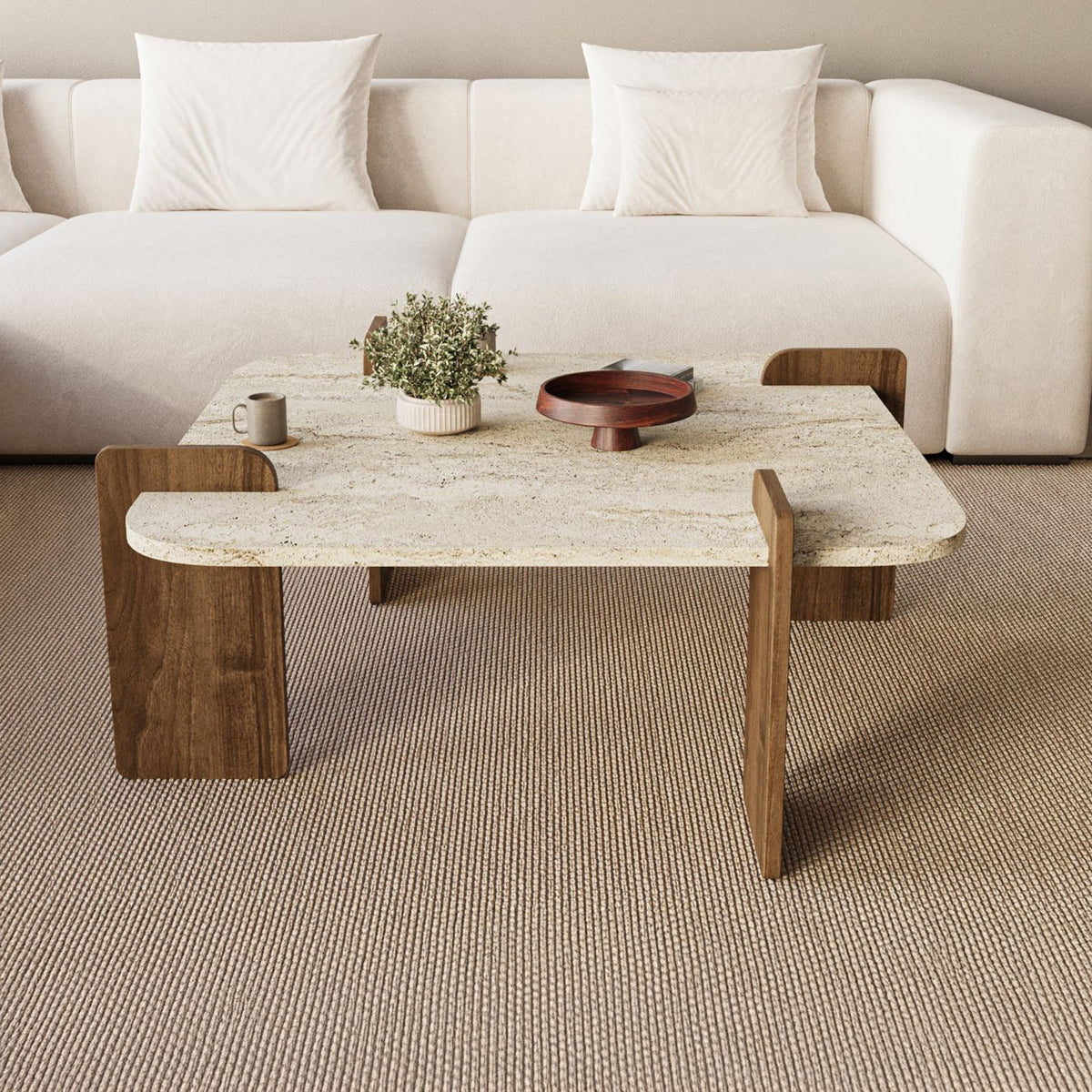 OFELI Table basse carrée beige piètement couleur bois foncé 90 cm - Table basse - Mobilier Deco