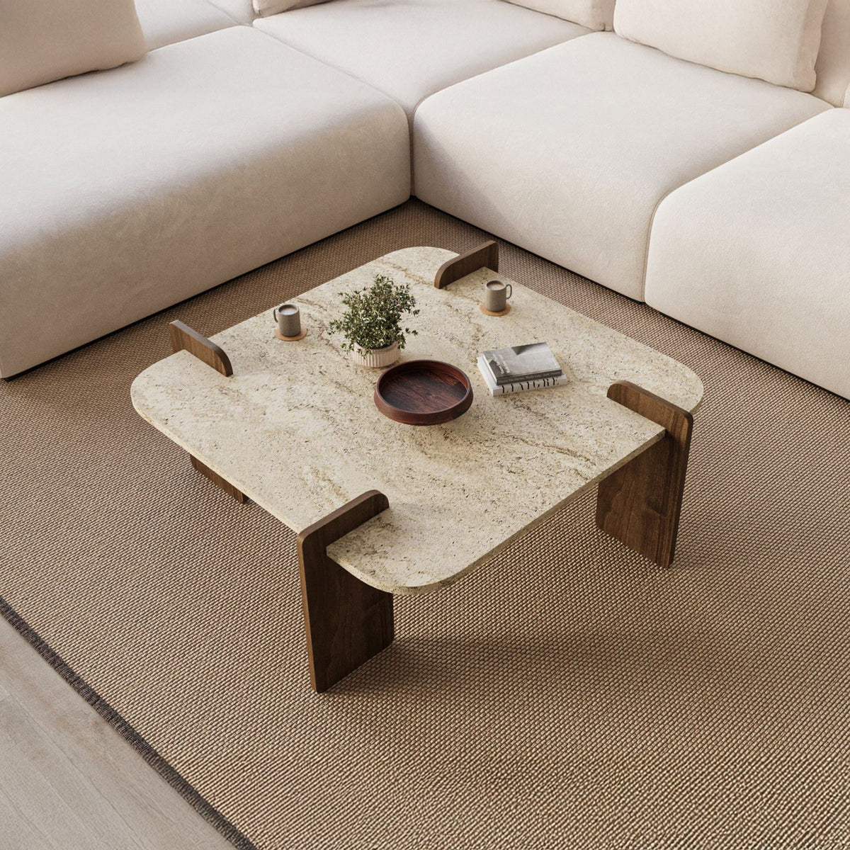 OFELI Table basse carrée beige piètement couleur bois foncé 90 cm - Table basse - Mobilier Deco