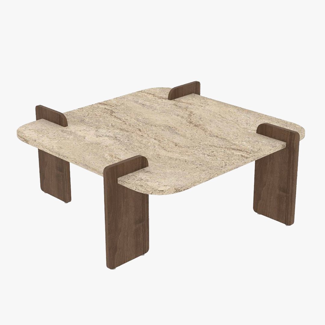 OFELI Table basse carrée beige piètement couleur bois foncé 90 cm - Table basse - Mobilier Deco