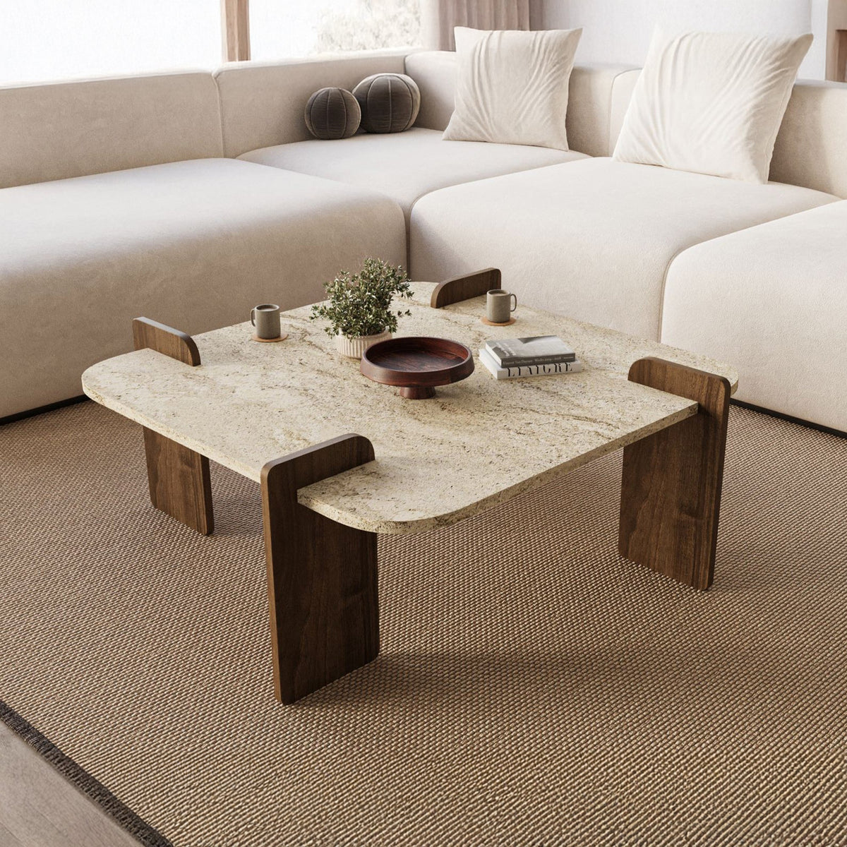 OFELI Table basse carrée beige piètement couleur bois foncé 90 cm - Table basse - Mobilier Deco