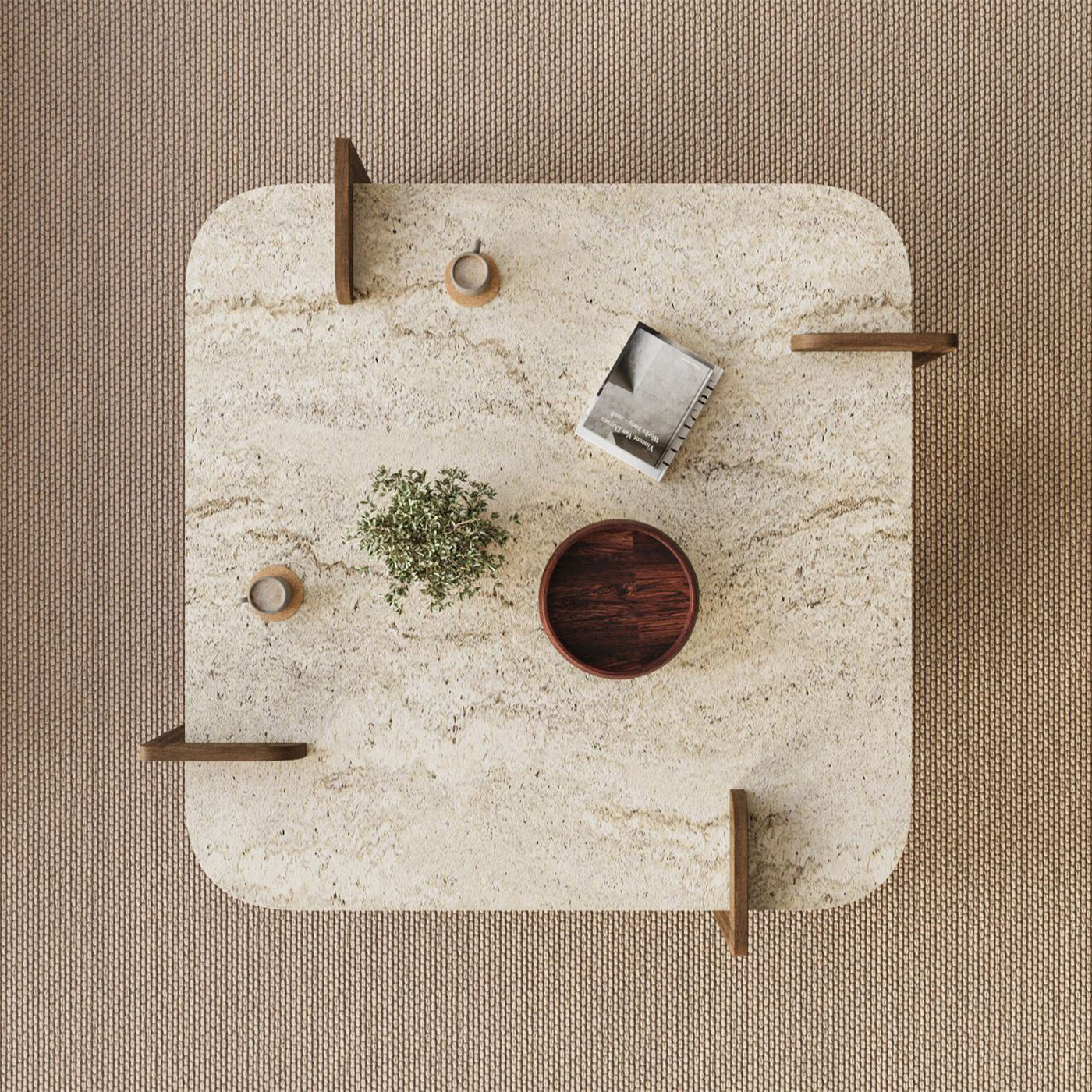 OFELI Table basse carrée beige piètement couleur bois foncé 90 cm
