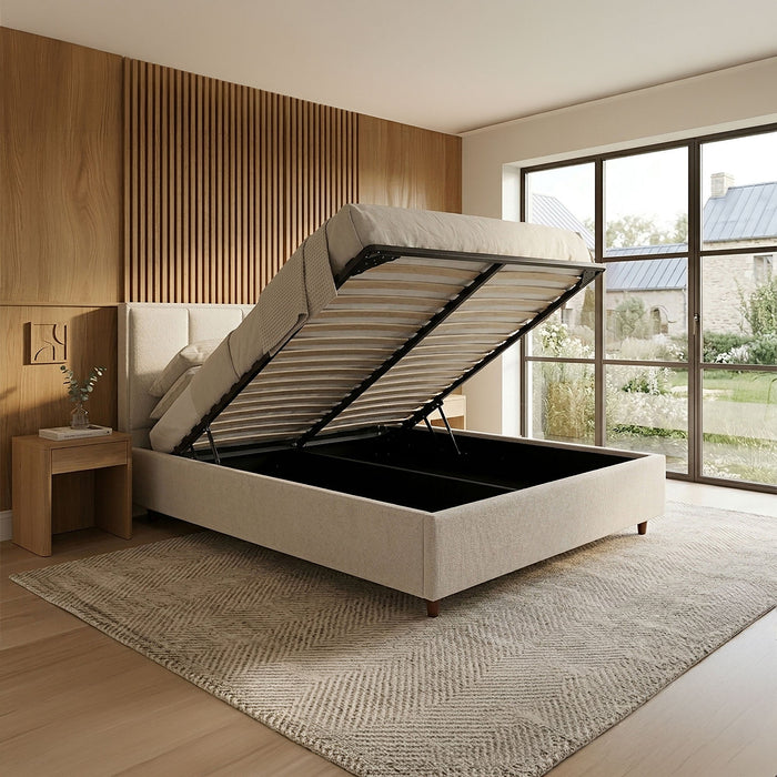 OLEA Lit double en tissu beige avec coffre 140x190 cm