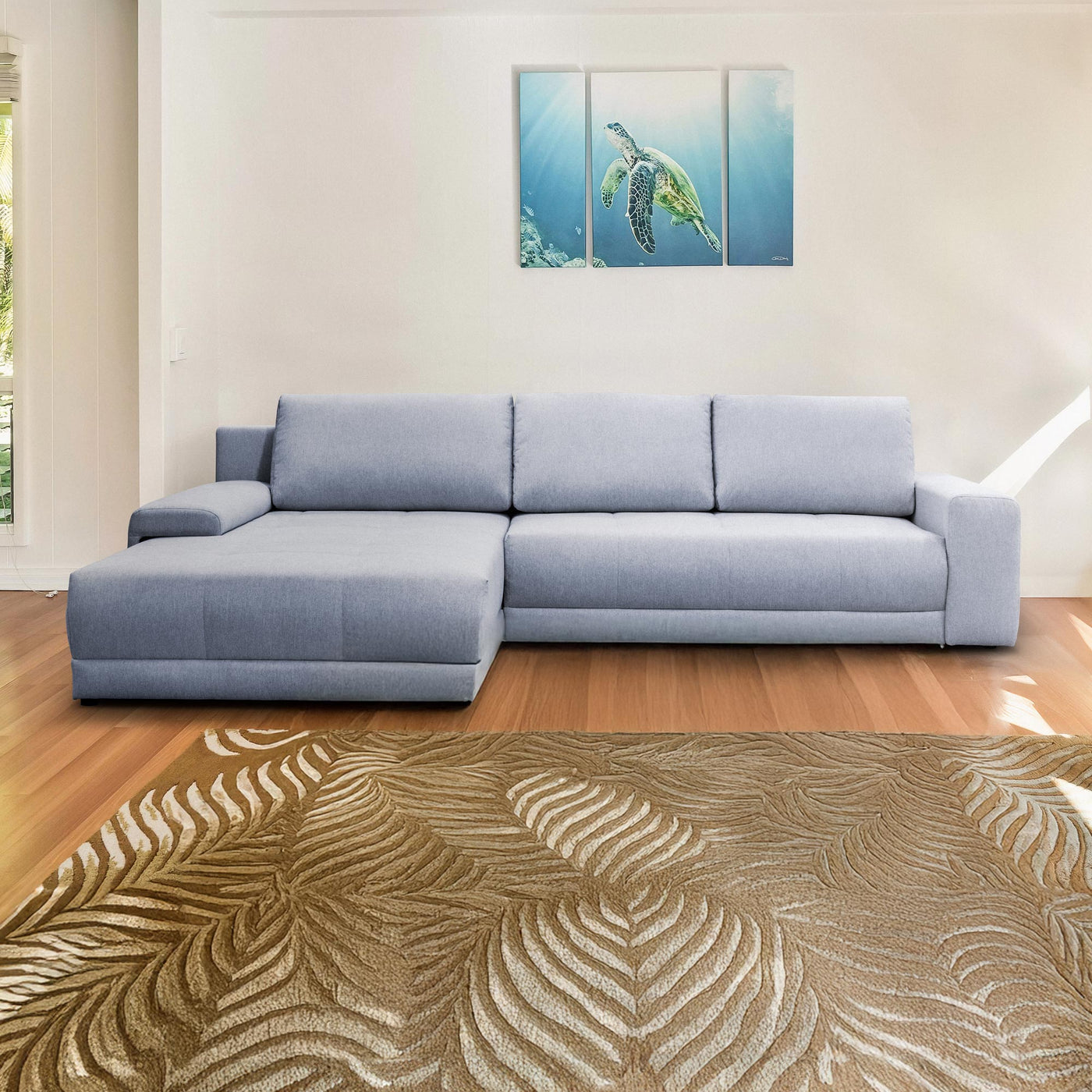 OLIVIA Canapé d'angle convertible avec coffre tissu gris - Configuration fixe