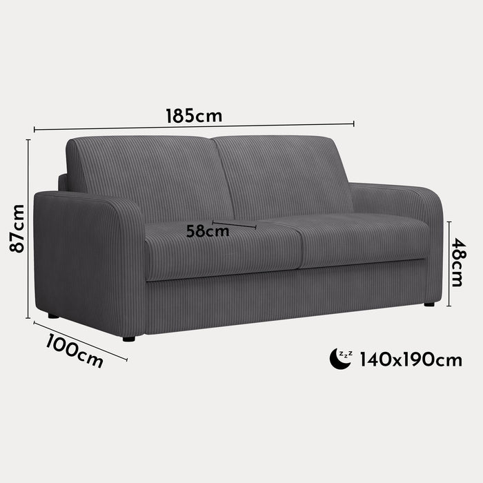 OLIVIER Canapé 3 places convertible en velours côtelé anthracite matelas Memory 14 cm