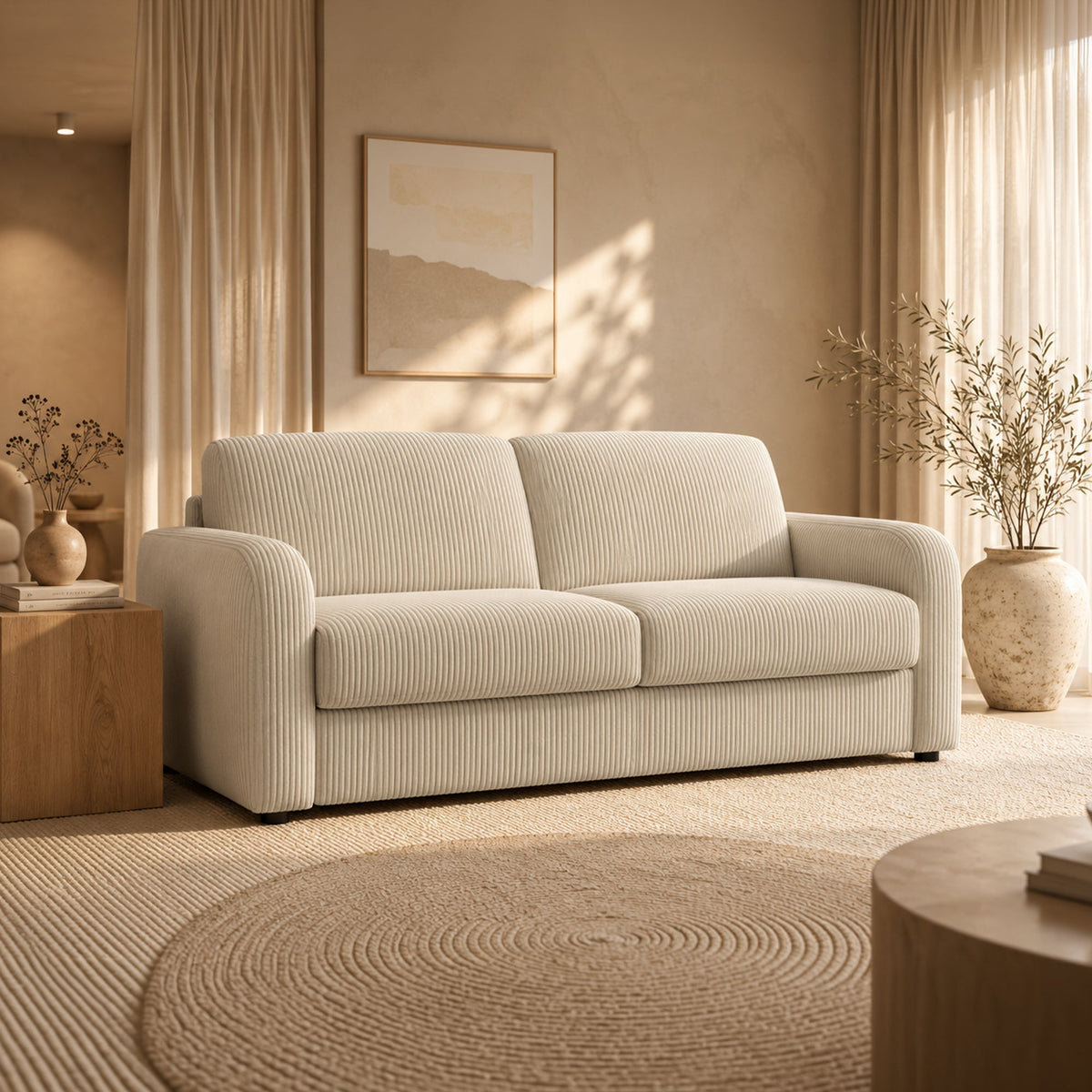 OLIVIER Canapé 3 places convertible en velours côtelé beige matelas Memory 14 cm - Canapés convertibles - Mobilier Deco