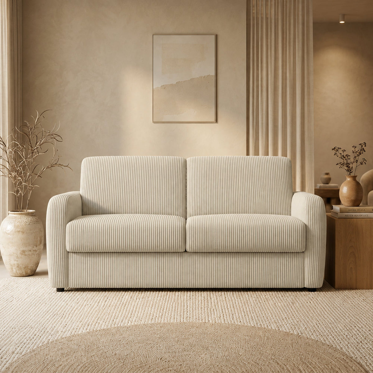 OLIVIER Canapé 3 places convertible en velours côtelé beige matelas Memory 14 cm - Canapés convertibles - Mobilier Deco
