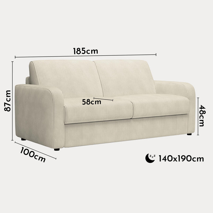 OLIVIER Canapé 3 places convertible en velours côtelé beige matelas Memory 14 cm