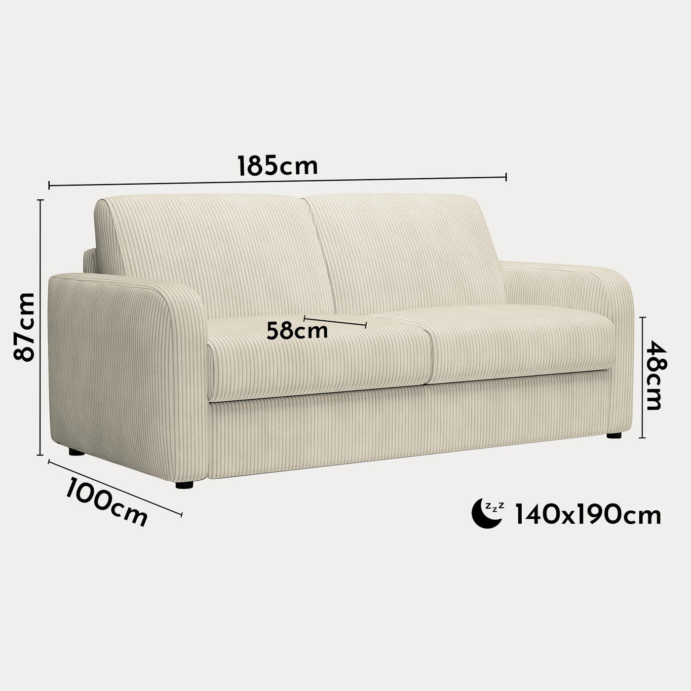OLIVIER Canapé 3 places convertible en velours côtelé beige matelas Memory 14 cm