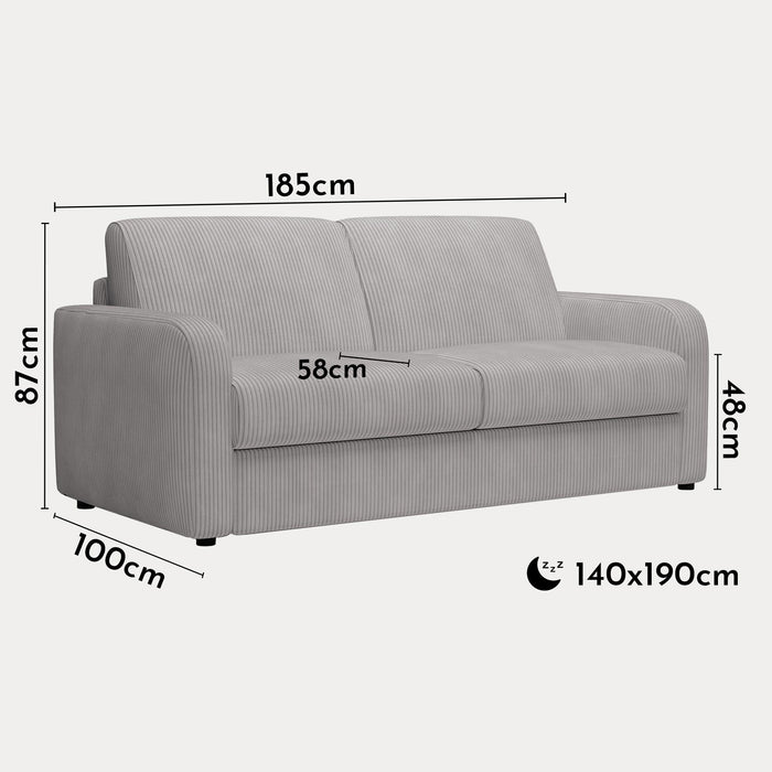 OLIVIER Canapé 3 places convertible en velours côtelé gris matelas Memory 14 cm