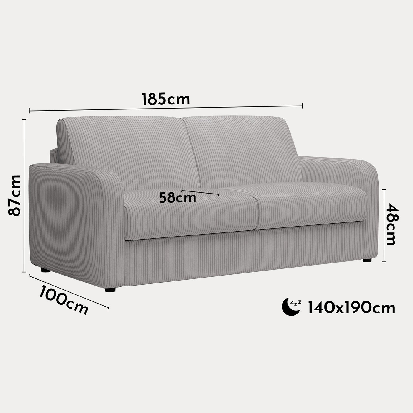 OLIVIER Canapé 3 places convertible en velours côtelé gris matelas Memory 14 cm
