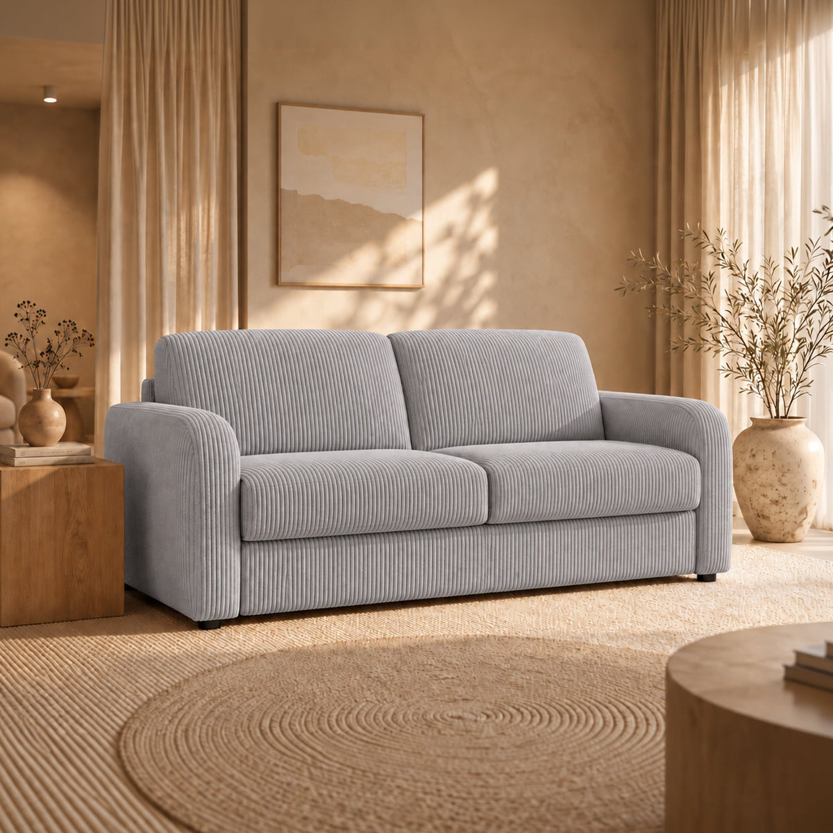 OLIVIER Canapé 3 places convertible en velours côtelé gris matelas Memory 14 cm - Canapés convertibles - Mobilier Deco