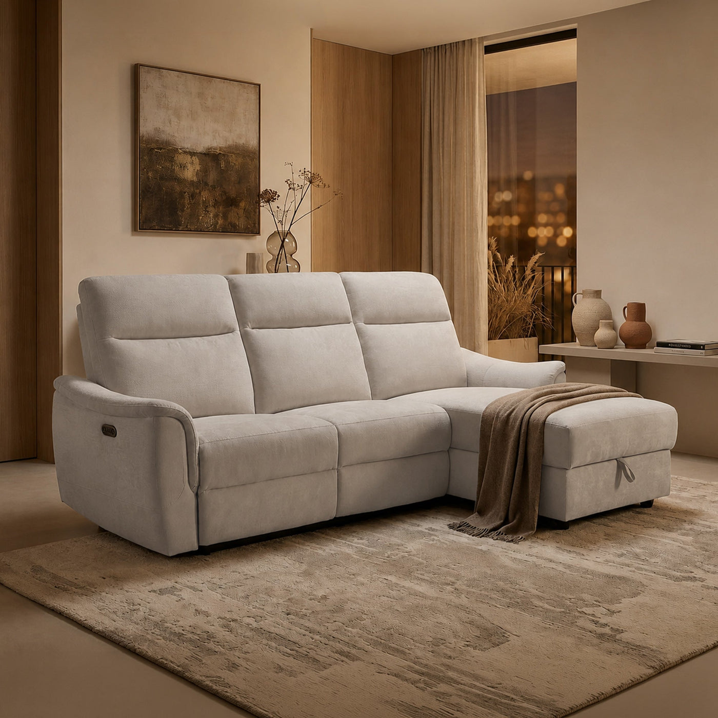 ORION Canapé d'angle convertible avec coffre en tissu relax électrique beige - Angle droit - Canapé relax - Mobilier Deco