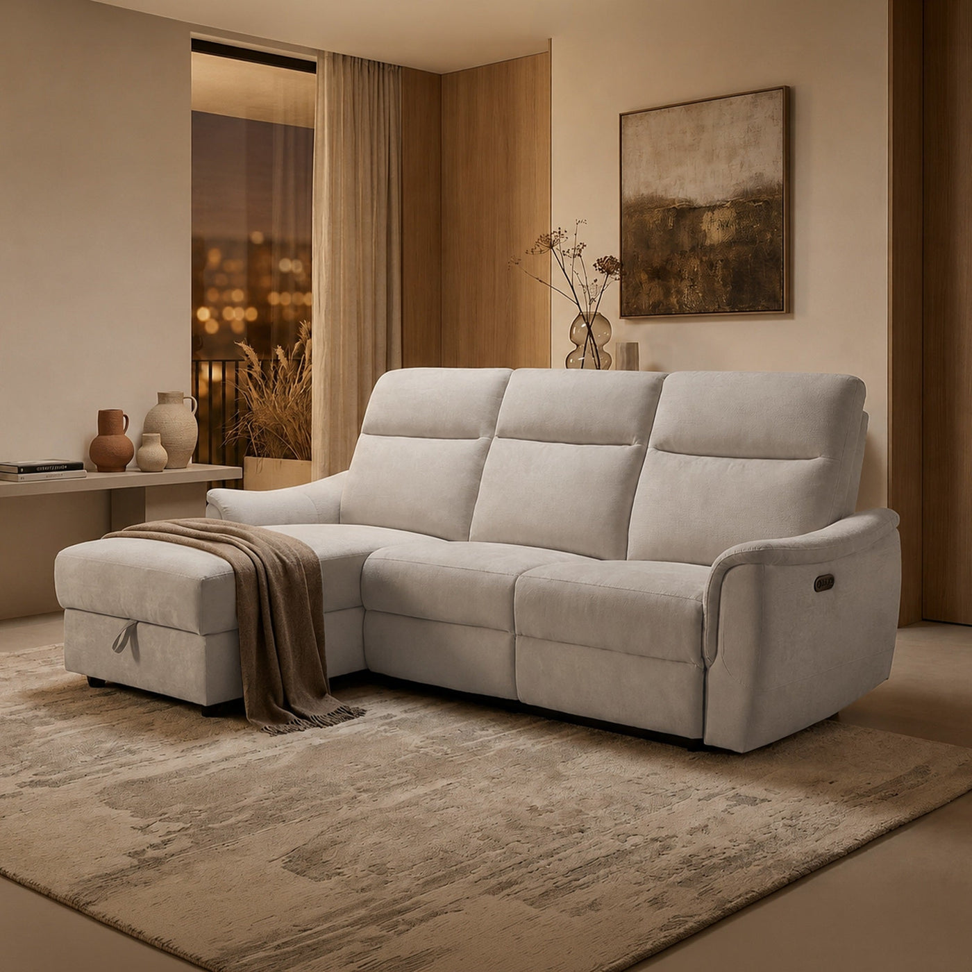 ORION Canapé d'angle convertible avec coffre en tissu relax électrique beige - Angle gauche - Canapé relax - Mobilier Deco