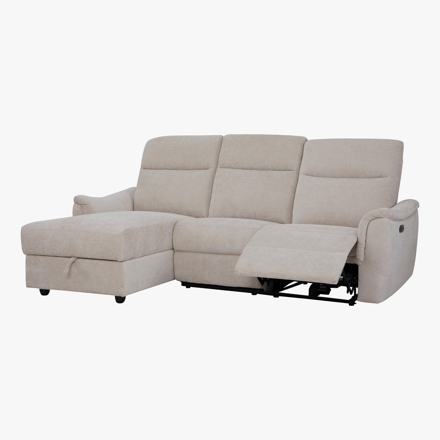 ORION Canapé d'angle convertible avec coffre en tissu relax électrique beige - Angle gauche - Canapé relax - Mobilier Deco