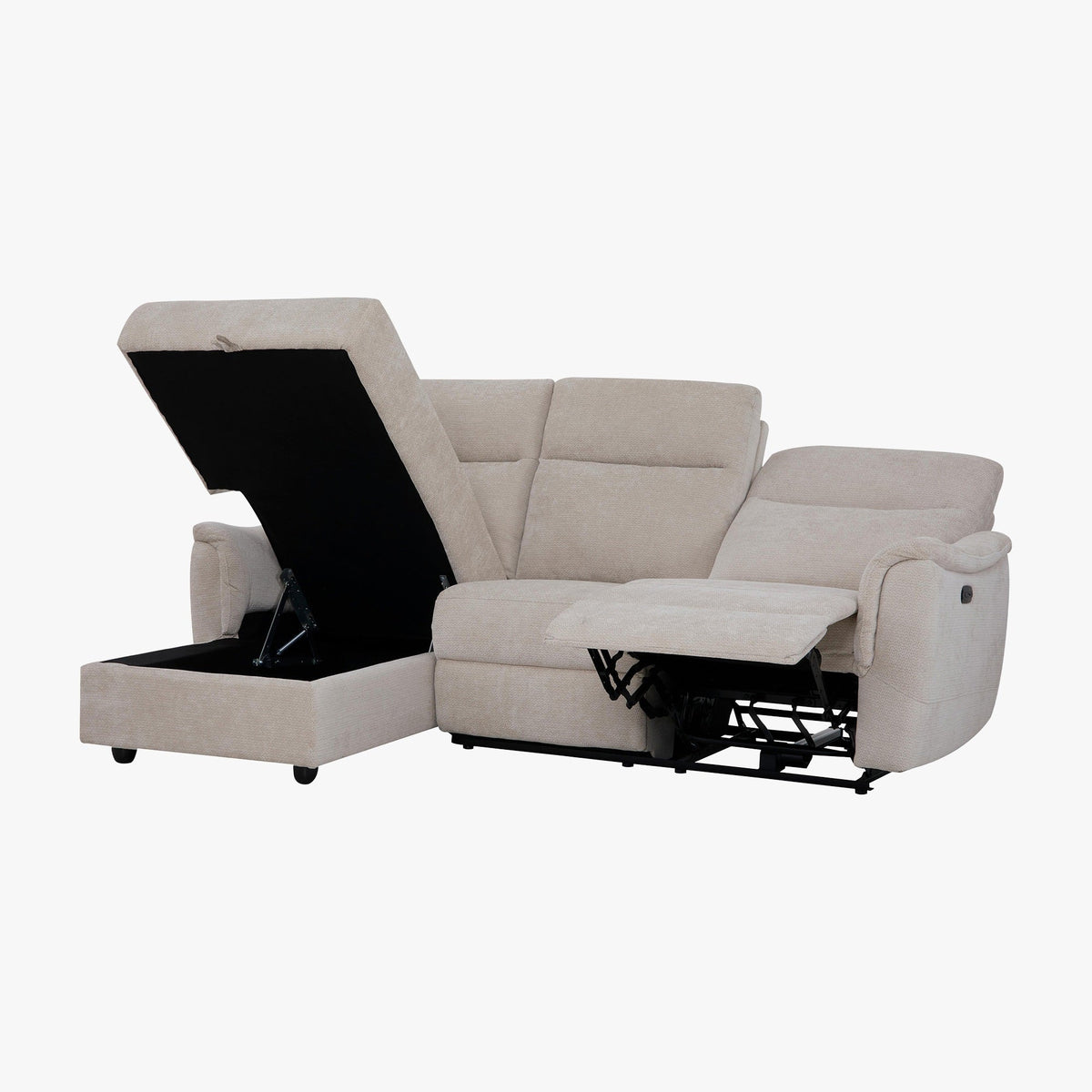 ORION Canapé d'angle convertible avec coffre en tissu relax électrique beige - Angle gauche - Canapé relax - Mobilier Deco