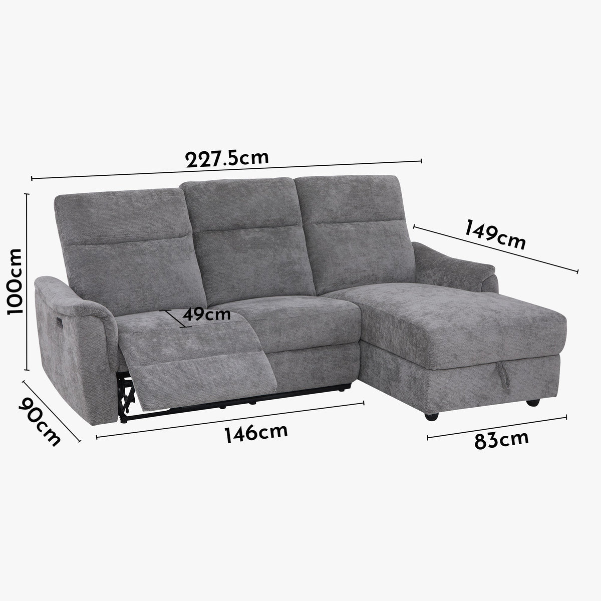 ORION Canapé d'angle convertible avec coffre en tissu relax électrique gris - Angle droit - Canapé relax - Mobilier Deco