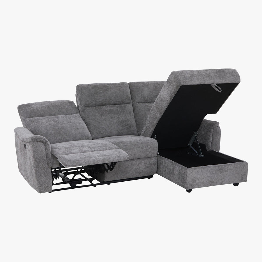 ORION Canapé d'angle relax électrique avec coffre en tissu gris - Angle droit — aperçu vidéo