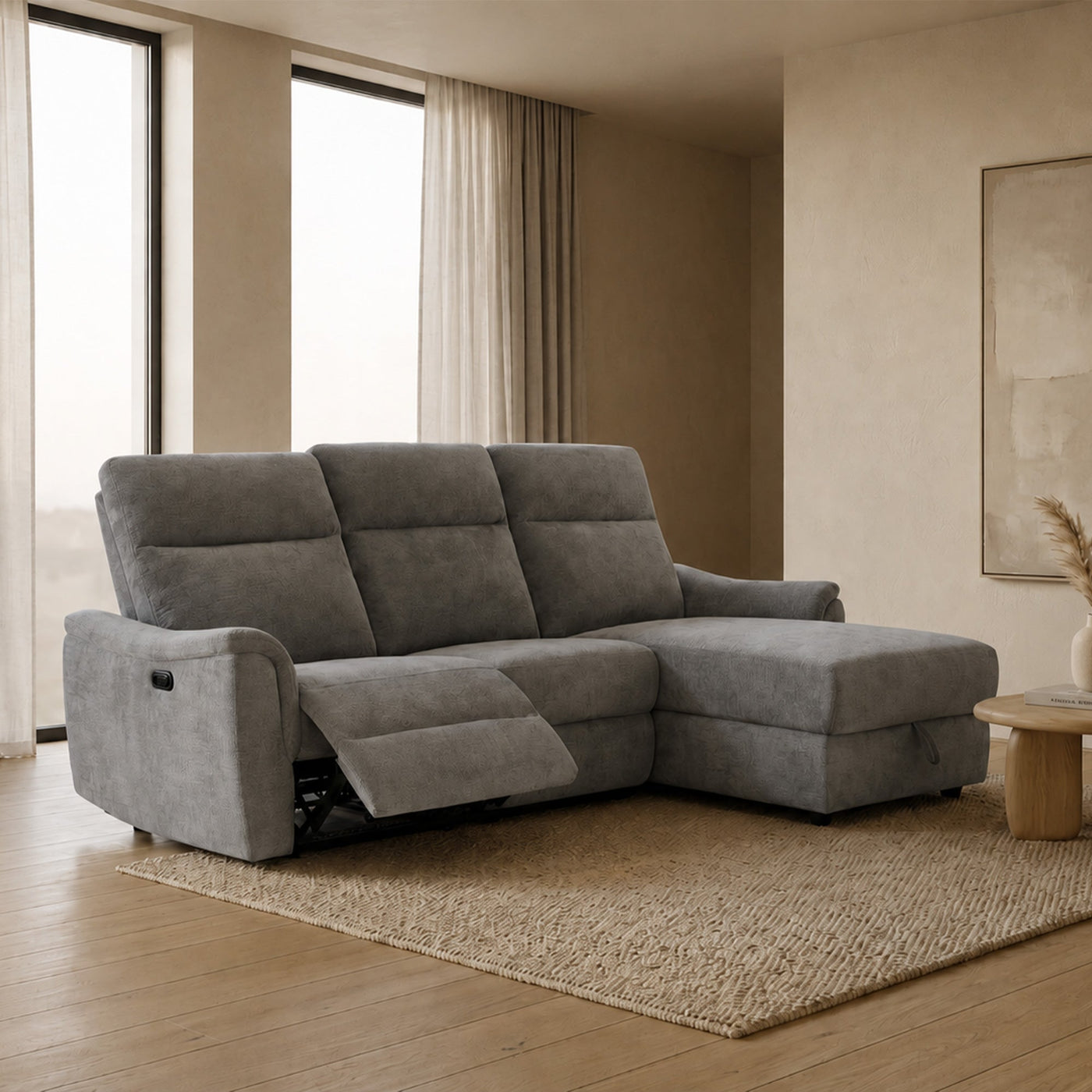 ORION Canapé d'angle convertible avec coffre en tissu relax électrique gris - Angle droit - Canapé relax - Mobilier Deco
