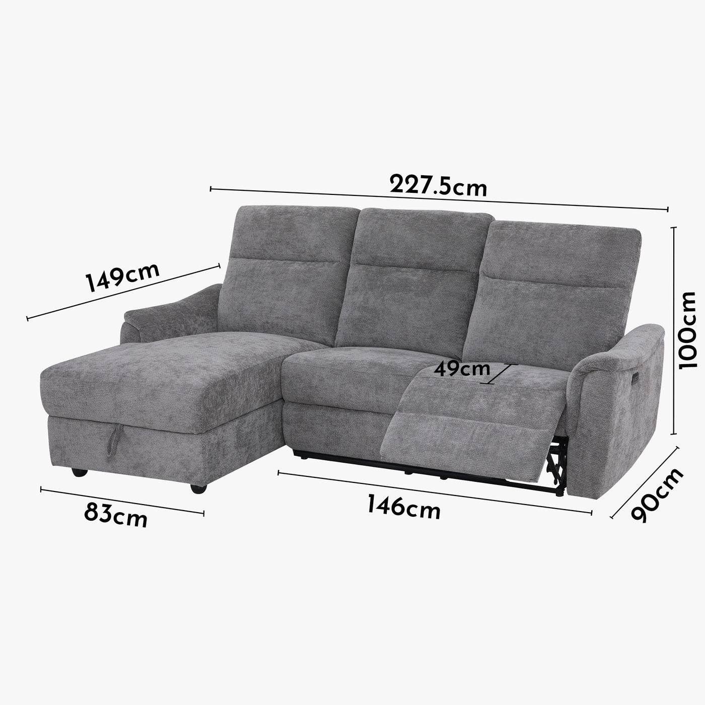 ORION Canapé d'angle convertible avec coffre en tissu relax électrique gris - Angle gauche - Canapé relax - Mobilier Deco