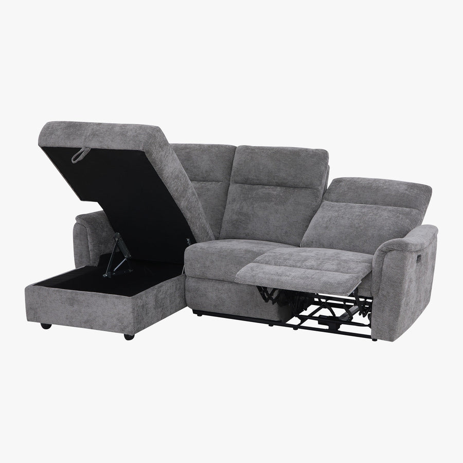 ORION Canapé d'angle relax électrique avec coffre en tissu gris - Angle gauche — aperçu vidéo