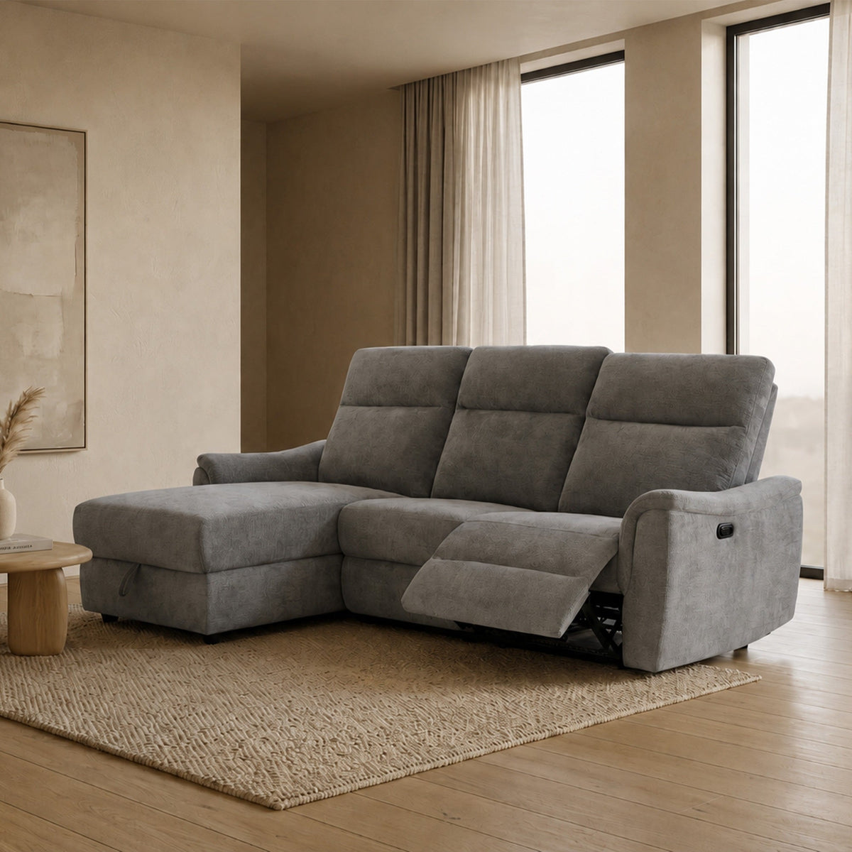 ORION Canapé d'angle convertible avec coffre en tissu relax électrique gris - Angle gauche - Canapé relax - Mobilier Deco