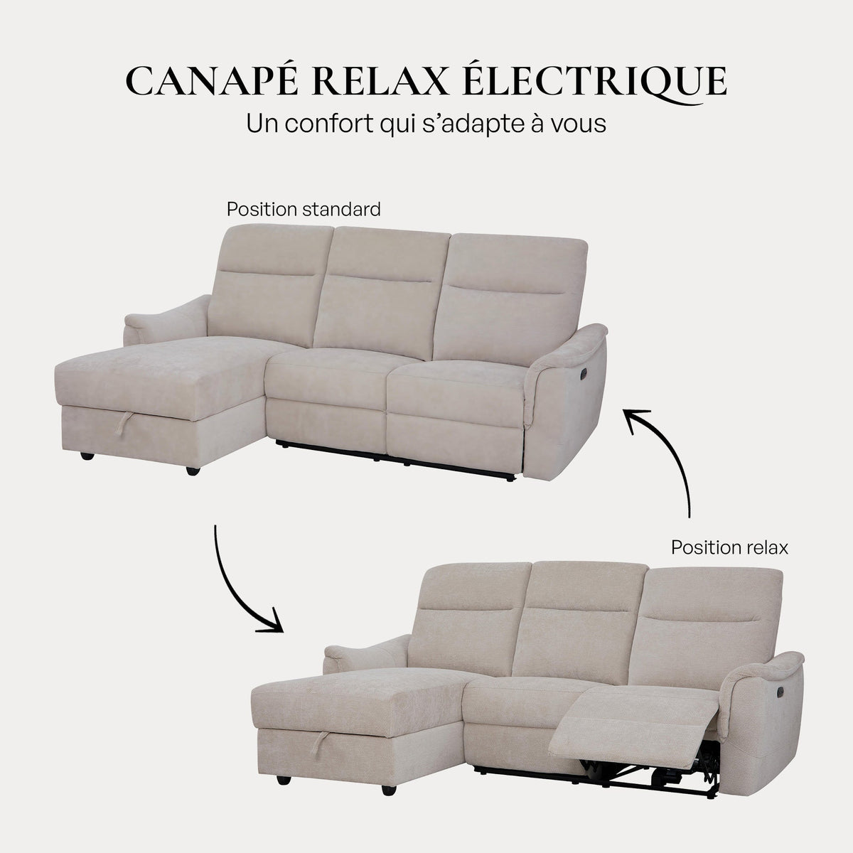ORION Canapé d'angle relax électrique avec coffre en tissu beige - Angle gauche - Canapé relax - Mobilier Deco