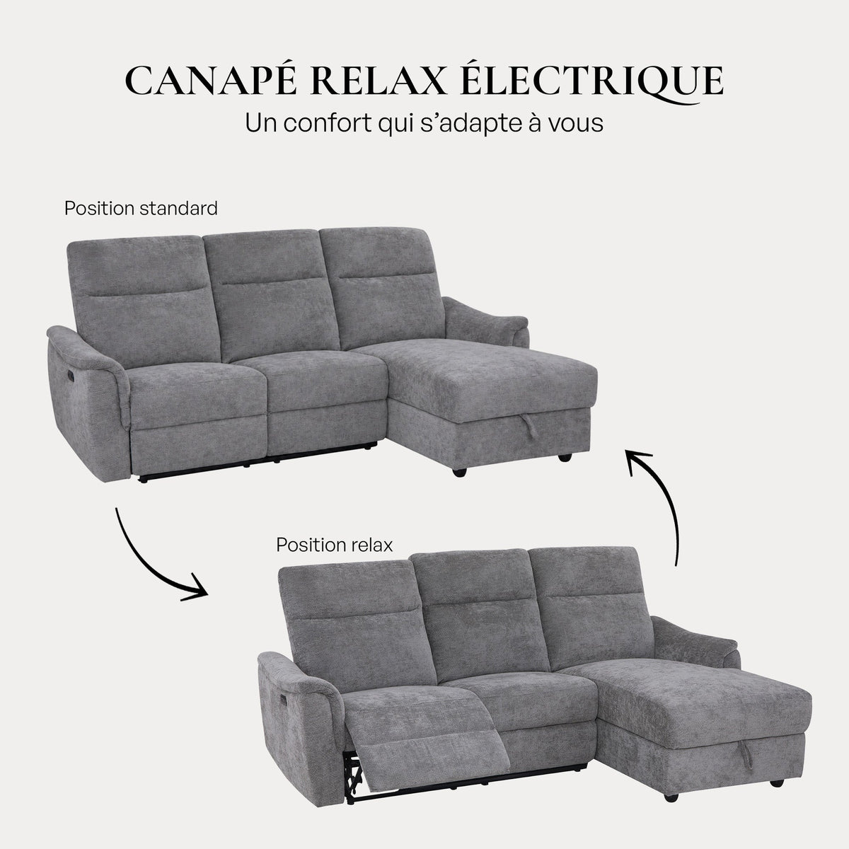 ORION Canapé d'angle relax électrique avec coffre en tissu gris - Angle droit - Canapé relax - Mobilier Deco