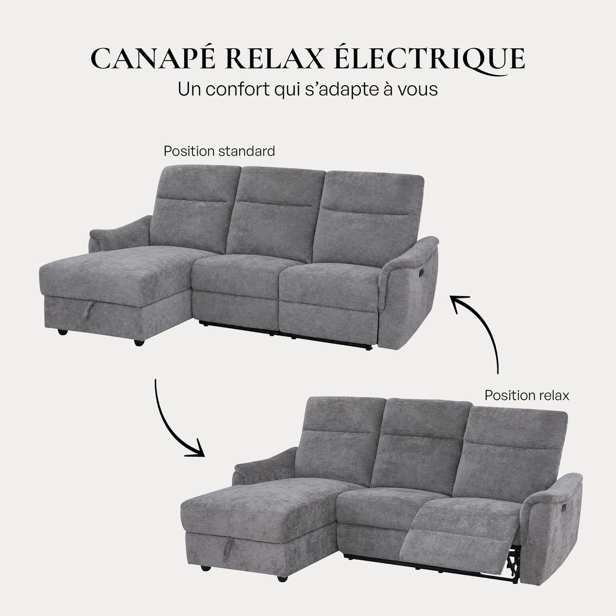 ORION Canapé d'angle relax électrique avec coffre en tissu gris - Angle gauche - Canapé relax - Mobilier Deco