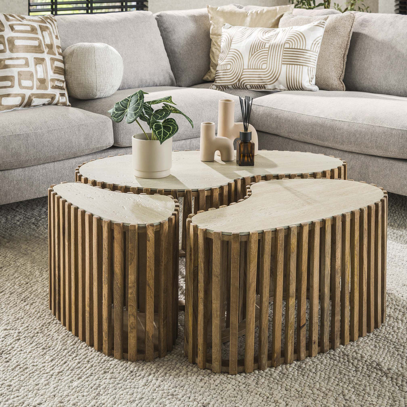ORSA Lot de 3 tables en céramique beige et bois de manguier massif