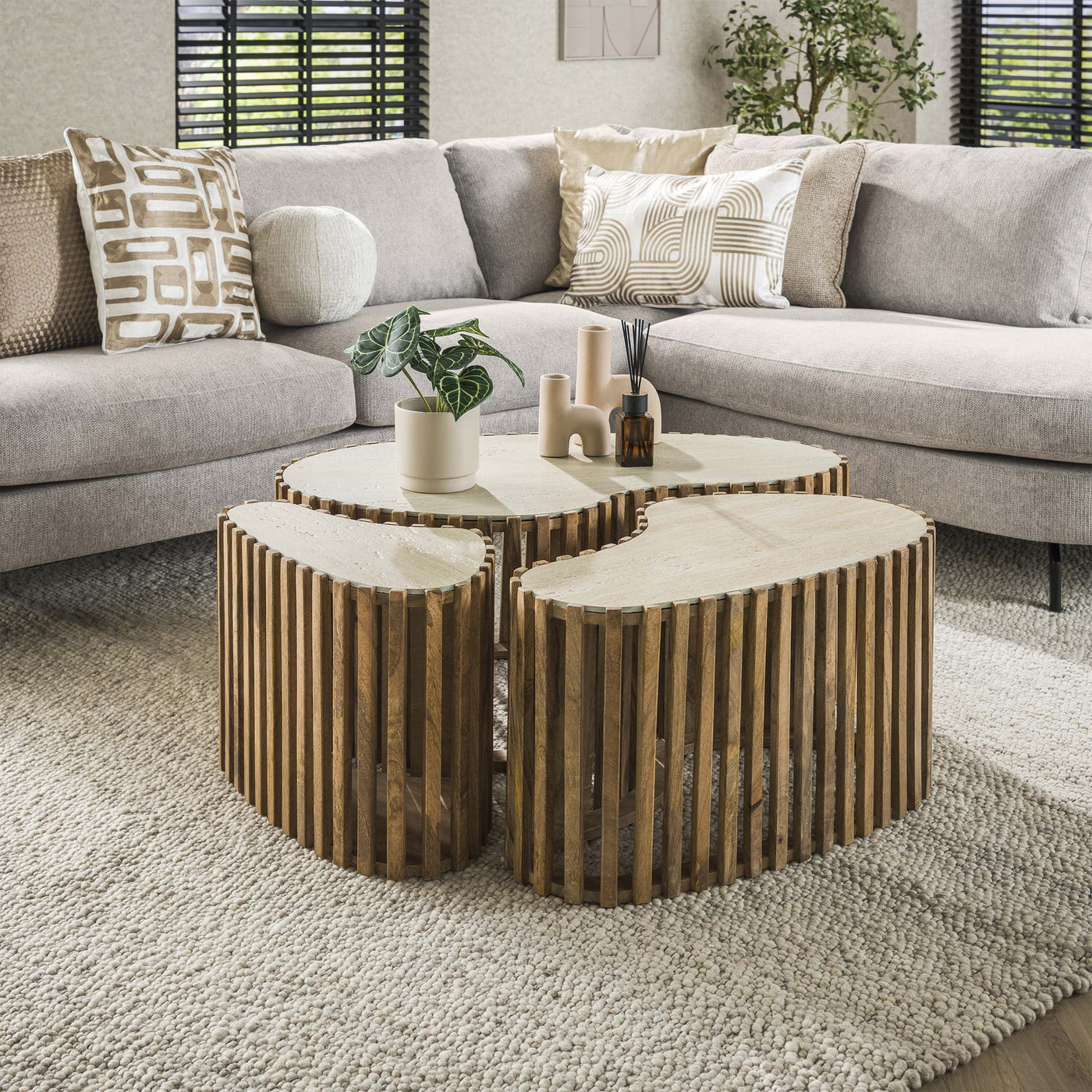 ORSA Lot de 3 tables en céramique beige et bois de manguier massif