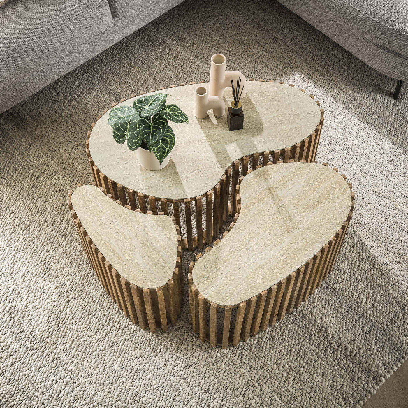 ORSA Lot de 3 tables en céramique beige et bois de manguier massif