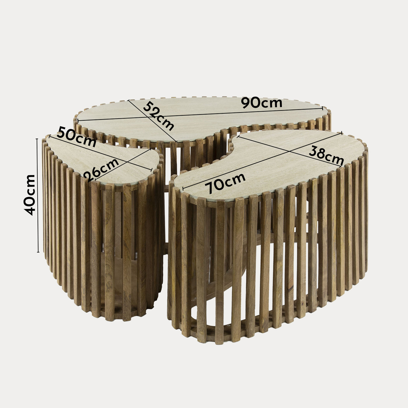 ORSA Lot de 3 tables en céramique beige et bois de manguier massif